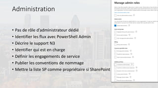Administration
• Pas de rôle d’administrateur dédié
• Identifier les flux avec PowerShell Admin
• Décrire le support N3
• Identifier qui est en charge
• Définir les engagements de service
• Publier les conventions de nommage
• Mettre la liste SP comme propriétaire si SharePoint
 