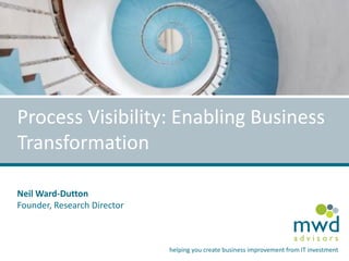 Process Visibility: Enabling Business
Transformation
Neil Ward-Dutton
Founder, Research Director

mwd
advisors

helping you create business improvement from IT investment

 