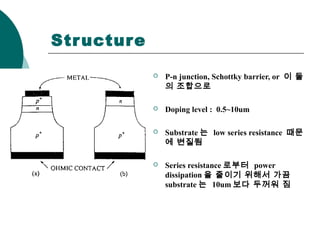 Structure
 P-n junction, Schottky barrier, or 이 둘
의 조합으로
 Doping level : 0.5~10um
 Substrate 는 low series resistance 때문
에 변질됨
 Series resistance 로부터 power
dissipation 을 줄이기 위해서 가끔
substrate 는 10um 보다 두꺼워 짐
 