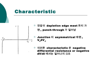 Characteristic
 전압이 depletion edge meet 까지 가
면 , punch-through 가 일어남
 Junction 이 asymmetrical 하면 ,
Vpt≠V‘
pt
 이러한 characteristic 은 negative
differential resistance or negative
dV/dI 에서는 일어나지 않음
 