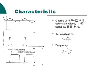Characteristic
 Charge Q 가 주어진 후에 ,
saturation velocity 로
substrate 를 돌아다님
 Terminal current
 Frequency
L
Qv
I sat
=
L
v
f sat
4
3
=
satv
 