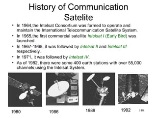 140
History of Communication
Satelite
• In 1964,the Intelsat Consortium was formed to operate and
maintain the International Telecommunication Satellite System.
• In 1965,the first commercial satellite Intelsat I (Early Bird) was
launched.
• In 1967-1968, it was followed by Intelsat II and Intelsat III
respectively.
• In 1971, it was followed by Intelsat IV.
• As of 1982, there were some 400 earth stations with over 55,000
channels using the Intelsat System.
19861980 1989 1992
 