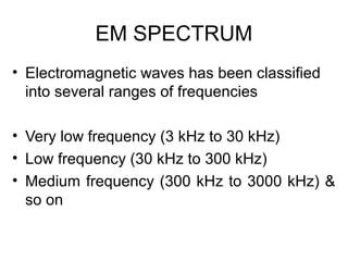 EM SPECTRUM
• Electromagnetic waves has been classified
into several ranges of frequencies
• Very low frequency (3 kHz to 30 kHz)
• Low frequency (30 kHz to 300 kHz)
• Medium frequency (300 kHz to 3000 kHz) &
so on
 