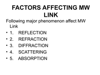 FACTORS AFFECTING MW
LINK
Following major phenomenon affect MW
Link
• 1. REFLECTION
• 2. REFRACTION
• 3. DIFFRACTION
• 4. SCATTERING
• 5. ABSORPTION
 