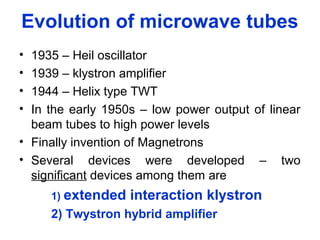 Evolution of microwave tubes
• 1935 – Heil oscillator
• 1939 – klystron amplifier
• 1944 – Helix type TWT
• In the early 1950s – low power output of linear
beam tubes to high power levels
• Finally invention of Magnetrons
• Several devices were developed – two
significant devices among them are
1) extended interaction klystron
2) Twystron hybrid amplifier
 
