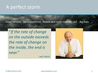 A perfect storm 
Cloud services Social platforms Mobile and multi-channel IoT Big Data … 
“If the rate of change 
on the outside exceeds 
the rate of change on 
the inside, the end is 
near.” 
- Jack Welch 
© MWD Advisors 2014 www.mwdadvisors.com 2 
 
