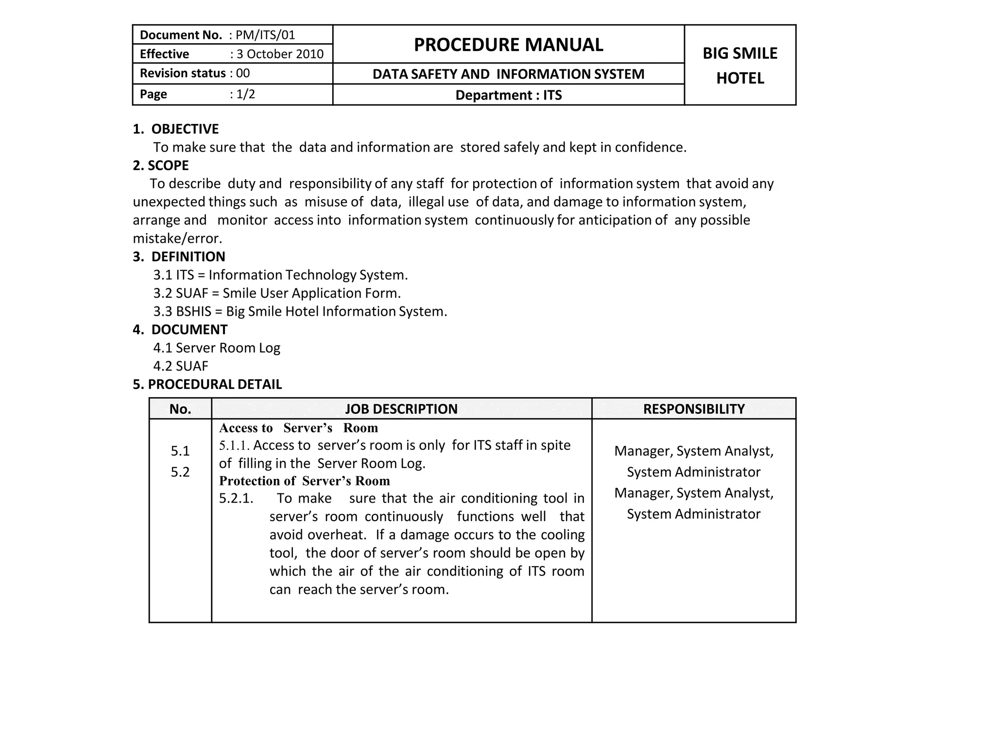 Most Wanted Documents for IT Department This ebook contains various documents for IT department such as  Standard Operating Procedure,  Procedure Manual,  Key Performance Indicator,Key Result  Area, Form and Log. The benefits for those who  get it  are; To save time for some hours in searching out the related documents in internet. 