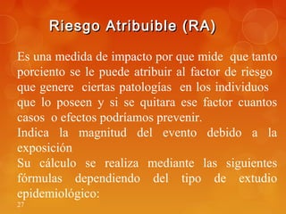 27
Riesgo Atribuible (RA)Riesgo Atribuible (RA)
Es una medida de impacto por que mide que tanto
porciento se le puede atribuir al factor de riesgo
que genere ciertas patologías en los individuos
que lo poseen y si se quitara ese factor cuantos
casos o efectos podríamos prevenir.
Indica la magnitud del evento debido a la
exposición
Su cálculo se realiza mediante las siguientes
fórmulas dependiendo del tipo de extudio
epidemiológico:
 