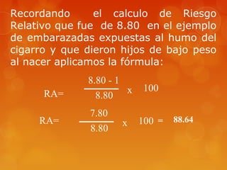 Recordando el calculo de Riesgo
Relativo que fue de 8.80 en el ejemplo
de embarazadas expuestas al humo del
cigarro y que dieron hijos de bajo peso
al nacer aplicamos la fórmula:
RA=
8.80 - 1
100x
8.80
RA=
7.80
100x
8.80
= 88.64
 