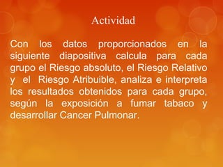 Actividad
Con los datos proporcionados en la
siguiente diapositiva calcula para cada
grupo el Riesgo absoluto, el Riesgo Relativo
y el Riesgo Atribuible, analiza e interpreta
los resultados obtenidos para cada grupo,
según la exposición a fumar tabaco y
desarrollar Cancer Pulmonar.
 