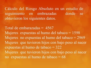 Cálculo del Riesgo Absoluto en un estudio de
seguimiento en embrazadas donde se
obtuvieron los siguientes datos.
Total de embarazadas = 4567
Mujeres expuestas al humo del tabaco = 1598
Mujeres no expuestas al humo del tabaco = 2969
Mujeres que tuvieron hijos con bajo peso al nacer
expuestas al humo de tabaco = 322
Mujeres que tuvieron hijos con bajo peso al nacer
no expuestas al humo de tabaco = 68
 
