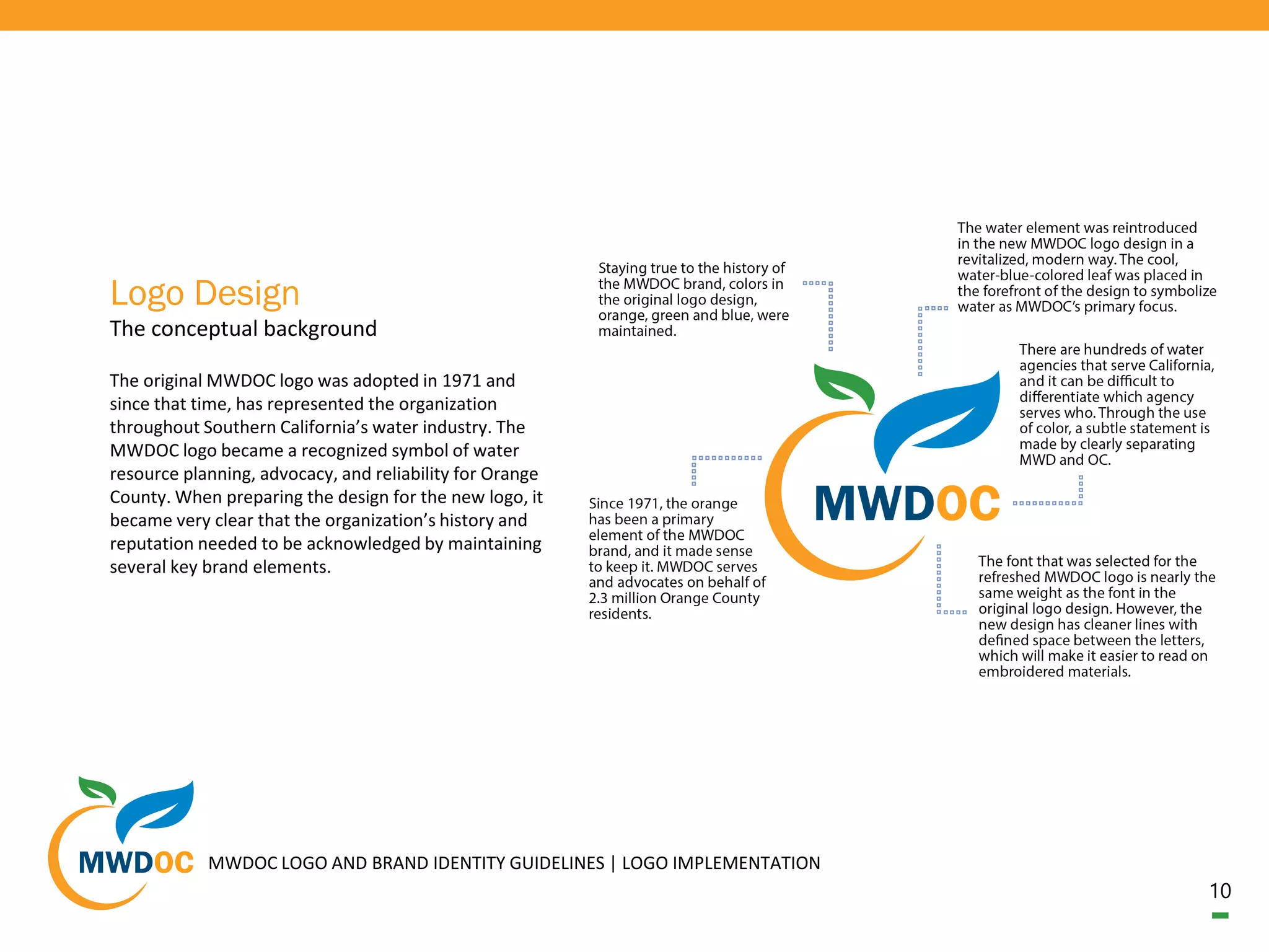 10
The conceptual background
Logo Design
The original MWDOC logo was adopted in 1971 and
since that time, has represented the organization
throughout Southern California’s water industry. The
MWDOC logo became a recognized symbol of water
resource planning, advocacy, and reliability for Orange
County. When preparing the design for the new logo, it
became very clear that the organization’s history and
reputation needed to be acknowledged by maintaining
several key brand elements.
MWDOC LOGO AND BRAND IDENTITY GUIDELINES | LOGO IMPLEMENTATION
 