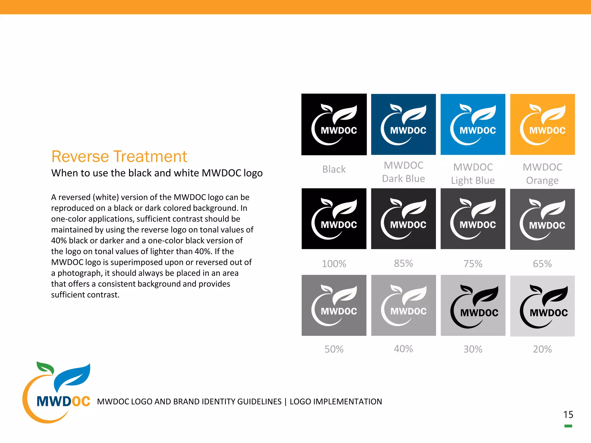 15
A reversed (white) version of the MWDOC logo can be
reproduced on a black or dark colored background. In
one-color applications, sufficient contrast should be
maintained by using the reverse logo on tonal values of
40% black or darker and a one-color black version of
the logo on tonal values of lighter than 40%. If the
MWDOC logo is superimposed upon or reversed out of
a photograph, it should always be placed in an area
that offers a consistent background and provides
sufficient contrast.
When to use the black and white MWDOC logo
Reverse Treatment
Black MWDOC
Dark Blue
MWDOC
Light Blue
MWDOC
Orange
100% 85% 75% 65%
50% 40% 30% 20%
MWDOC LOGO AND BRAND IDENTITY GUIDELINES | LOGO IMPLEMENTATION
 