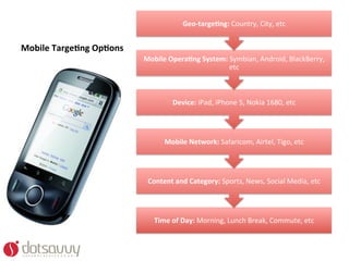 Geo-­‐targe4ng:	
  Country,	
  City,	
  etc	
  


Mobile	
  Targe4ng	
  Op4ons	
  
                                   Mobile	
  Opera4ng	
  System:	
  Symbian,	
  Android,	
  BlackBerry,	
  
                                                                   etc	
  



                                               Device:	
  iPad,	
  iPhone	
  5,	
  Nokia	
  1680,	
  etc	
  




                                           Mobile	
  Network:	
  Safaricom,	
  Airtel,	
  Tigo,	
  etc	
  




                                    Content	
  and	
  Category:	
  Sports,	
  News,	
  Social	
  Media,	
  etc	
  




                                       Time	
  of	
  Day:	
  Morning,	
  Lunch	
  Break,	
  Commute,	
  etc	
  
 