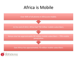 Africa	
  is	
  Mobile	
  	
  
                     Over	
  90%	
  of	
  all	
  phones	
  in	
  Africa	
  are	
  mobile.	
  




        At	
  the	
  end	
  of	
  2012,	
  Africa	
  had	
  750	
  million	
  mobile	
  subscribers.	
  



Kenya	
  now	
  has	
  approximately	
  30	
  million	
  mobile	
  subscribers	
  –	
  75%	
  mobile	
  
                                        penetraOon	
  



          East	
  Africa	
  has	
  approximately	
  70	
  million	
  mobile	
  subscribers	
  
 