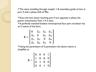 The wave travelling through coupler 1 & secondary guide arrives at
port 4 with a phase shift of 90o.
Since the two waves reaching port 4 are opposite in phase the
power transmission from 1-4 is zero.
A perfectly matched lossless nonreciprocal four port circulator has
an S matrix of the form.
Using the parameters of S parameters the above matrix is
simplifies as
 