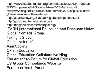 https://www.neafoundation.org/content/assets/2012/11/Global
%20Competence%20Content-Area%20Matrices.pdf
http://www.theguardian.com/teacher-network/2012/sep/25/students-
global-awareness-other-cultures
http://asiasociety.org/ﬁles/book-globalcompetence.pdf
http://globalteachereducation.org/
http://theglobalclassroomproject.org/
iEARN (International Education and Resource Netwo
Global Nomads Group
Taking It Global
Globalization 101
Asia Society
Oxfam Education
Global Education Collaborative Ning
The American Forum for Global Education
US Global Competence Website
European Youth Portal
 