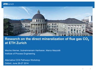 ||
Mischa Werner, Subrahmaniam Hariharan, Marco Mazzotti
Institute of Process Engineering
Alternative CCS Pathways Workshop
Oxford, June 26-27 2014
Research on the direct mineralization of flue gas CO2
at ETH Zurich
 