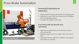Press 
Brake 
Automa6on 
18 
Increasing 
ProducDvity 
for 
Fabricators 
ü Programmed 
for 
proper 
placement 
and 
holding 
power 
ü Engineered 
to 
work 
with 
your 
brake 
press 
throughout 
the 
metal 
bending 
process 
ü Increases 
the 
quality 
of 
each 
part 
Robo<c 
Metal 
Bending 
Press 
Brake 
Jobs 
that 
Benefit 
from 
AutomaDon 
ü High-­‐volume 
applica6ons 
that 
dominate 
one 
press 
and 
one 
operator 
ü Repe66ve 
applica6ons 
that 
require 
fast 
turn-­‐around 
6mes 
ü Large 
parts 
that 
are 
difficult 
to 
handle 
or 
may 
require 
more 
than 
one 
operator 
 