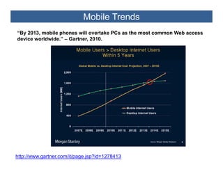 Mobile Trends
“By 2013,
“B 2013 mobile phones will overtake PCs as the most common Web access
            bil h         ill    t k PC    th     t        W b
device worldwide.” – Gartner, 2010.




http://www.gartner.com/it/page.jsp?id=1278413
 