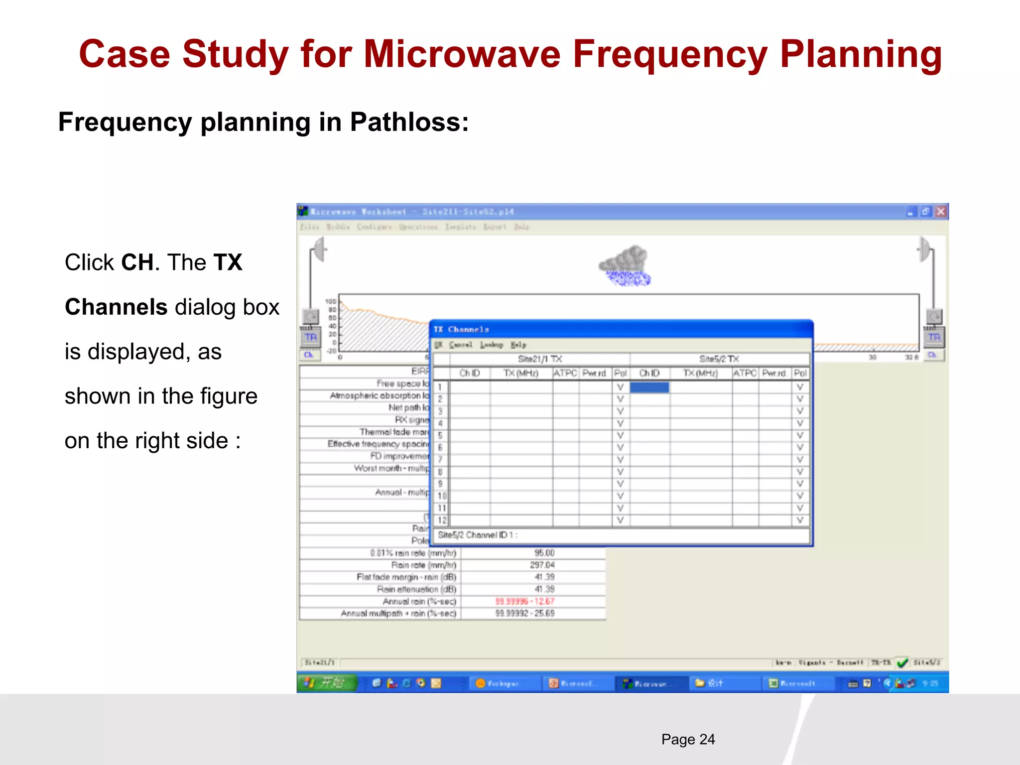 Case Study for Microwave Frequency Planning 
Page 24 
Frequency planning in Pathloss: 
Click CH. The TX 
Channels dialog box 
is displayed, as 
shown in the figure 
on the right side : 
 