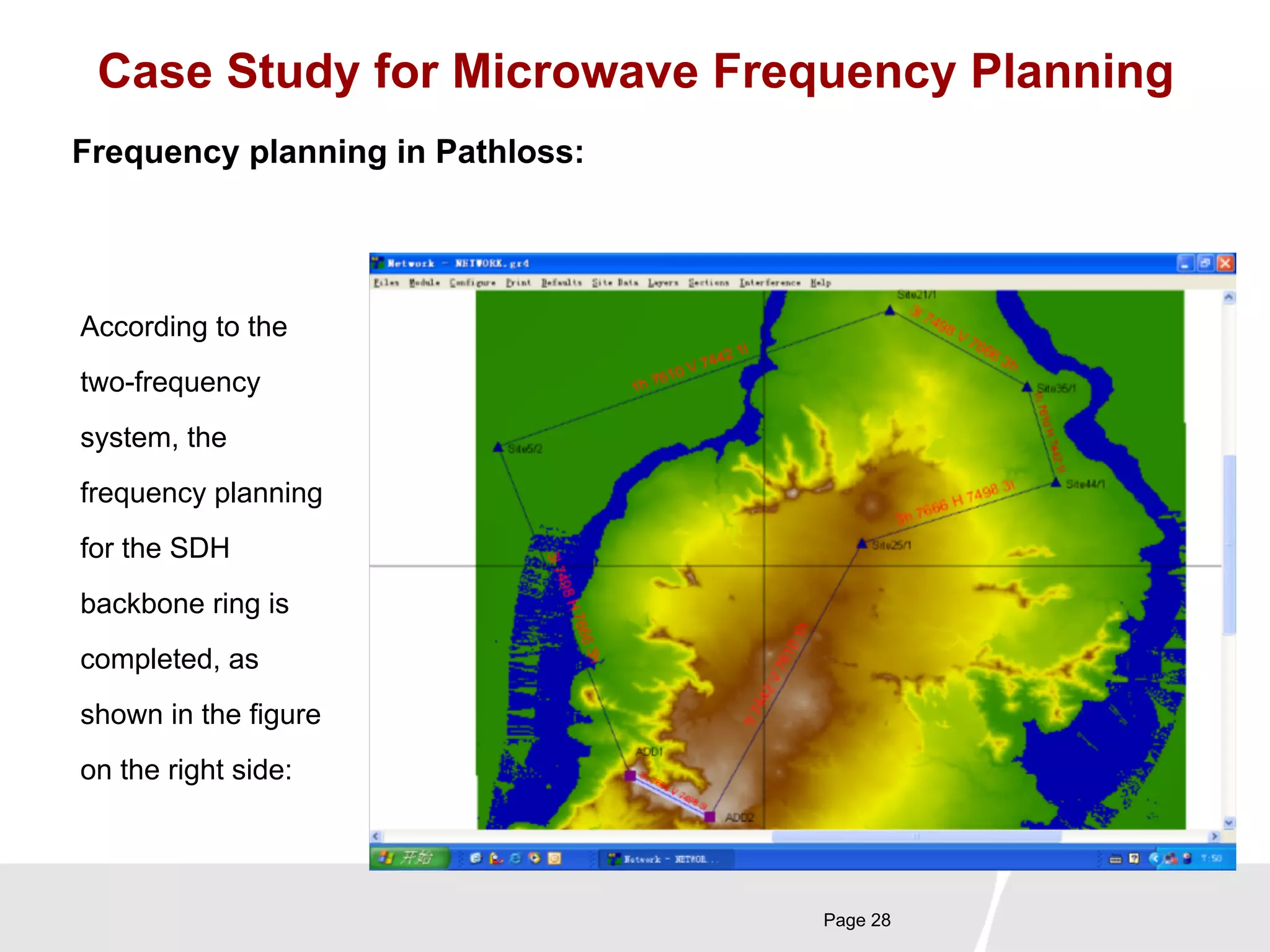 Case Study for Microwave Frequency Planning 
Page 28 
Frequency planning in Pathloss: 
According to the 
two-frequency 
system, the 
frequency planning 
for the SDH 
backbone ring is 
completed, as 
shown in the figure 
on the right side: 
 