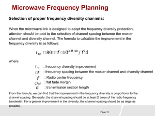 Microwave Frequency Planning 
Selection of proper frequency diversity channels: 
When the microwave link is designed to adopt the frequency diversity protection, 
attention should be paid to the selection of channel spacing between the master 
channel and diversity channel. The formula to calculate the improvement in the 
frequency diversity is as follows: 
Page 15 
where 
: frequency diversity improvement 
: frequency spacing between the master channel and diversity channel 
: Radio center frequency 
: flat fade margin 
: transmission section length 
From the formula, we can find that the improvement in the frequency diversity is proportional to the 
channel spacing. Generally, the channel spacing should be at least 2 times of the radio frequency 
bandwidth. For a greater improvement in the diversity, the channel spacing should be as large as 
possible. 
 