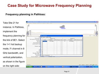 Case Study for Microwave Frequency Planning 
Page 31 
Frequency planning in Pathloss: 
Take Site 21 for 
instance. In Pathloss, 
implement the 
frequency planning for 
the link of 8E1. Select 
the 1+1 hot backup 
mode, f1 channel in 8 
GHz bandwidth, and 
vertical polarization, 
as shown in the figure 
on the right side: 
 