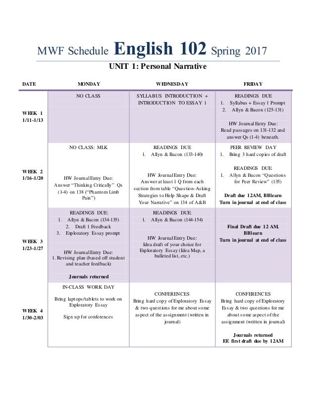 Mwf schedule english 102 spring 2017