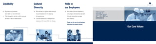 Pride in
our Employees
Cultural
Diversity
Credibility
•	 We create a future together by 	
nurturing an entrepreneurial spirit
through rewarding courage 	
and creativity.
People are the core of our business
and ensure our future success.
•	 We cultivate our global spirit through
mutual respect and the sharing 	
of experiences.
•	 Cultural diversity is a strength that
creates a richness within our Group.
•	 We keep our promises 	
and meet our commitments.
•	 The courage to remain truthful ensures 	
fairness in all our relationships.
Our Core Values
M+W Group GmbH
Lotterbergstr. 30
70499 Stuttgart, Germany
Phone	 +49 711 8804-0
Fax	 +49 711 8804-1309
info@mwgroup.net
www.mwgroup.net
 