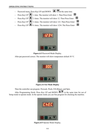 OPERATING INSTRUCTIONS
4-6
- Password menu. Press Key UP and DOWN at the same time.
- Press Key UP 1. time. The monitor will show 1. Then Press Enter  
- Press Key UP 2. times. The monitor will show 12. Then Press Enter    
- Press Key UP 3. times. The monitor will show 123. Then Press Enter    
- Press Key UP 4. times. The monitor will show 1234. The Press Enter    
Figure.4-3 Password Mode Display.
After put password correct. The monitor will show temperature default 30 °C.
Figure.4-4 Set Mode Display
Then the controller can program. Prewash, Wash, Fill (Rinse), and Spin.
After Programming finish. Press Key UP and DOWN at the same time for out of
Setup mode to operate mode. In the operate mode you can fine program for checking the machine.
Figure.4-5 Operate Mode Display.
 