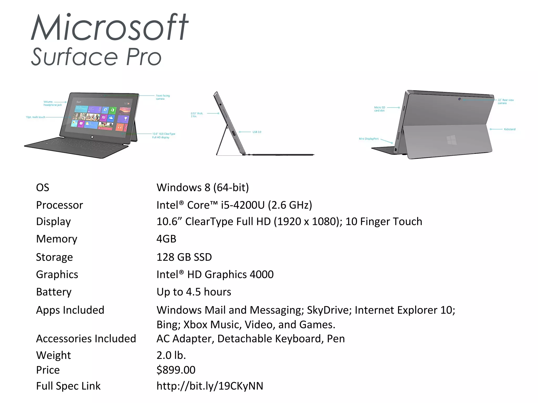 Microsoft
Surface Pro
OS Windows 8 (64-bit)
Processor Intel® Core™ i5-4200U (2.6 GHz)
Display 10.6” ClearType Full HD (1920 x 1080); 10 Finger Touch
Memory 4GB
Storage 128 GB SSD
Graphics Intel® HD Graphics 4000
Battery Up to 4.5 hours
Apps Included Windows Mail and Messaging; SkyDrive; Internet Explorer 10;
Bing; Xbox Music, Video, and Games.
Accessories Included AC Adapter, Detachable Keyboard, Pen
Weight 2.0 lb.
Price $899.00
Full Spec Link http://bit.ly/19CKyNN
 