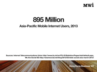 895 Million
Hong Kong Business 101
Sources: Internet Telecommunications Union http://www.itu.int/en/ITU-D/Statistics/Pages/stat/default.aspx,
We Are Social SG http://wearesocial.net/blog/2013/03/state-social-asia-march-2013/
Asia-Pacific Mobile Internet Users, 2013
 
