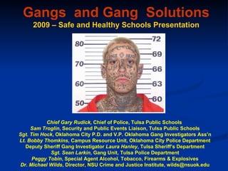 Gangs  and Gang  Solutions 2009 – Safe and Healthy Schools Presentation Chief Gary Rudick,  Chief of Police, Tulsa Public Schools  Sam Troglin , Security and Public Events Liaison, Tulsa Public Schools Sgt. Tim Hock , Oklahoma City P.D. and V.P. Oklahoma Gang Investigators Ass’n Lt. Bobby Thomkins , Campus Resource Unit, Oklahoma City Police Department Deputy Sheriff Gang Investigator  Laura Hanley , Tulsa Sheriff’s Department Sgt. Sean Larkin , Gang Unit, Tulsa Police Department Peggy Tobin , Special Agent Alcohol, Tobacco, Firearms & Explosives Dr. Michael Wilds , Director, NSU Crime and Justice Institute, wilds@nsuok.edu 
