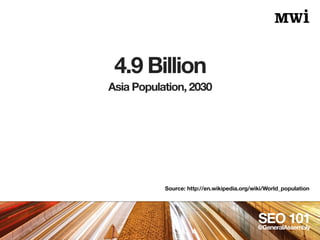 4.9 Billion
SEO 101@GeneralAssembly
Source: http://en.wikipedia.org/wiki/World_population
Asia Population, 2030
 