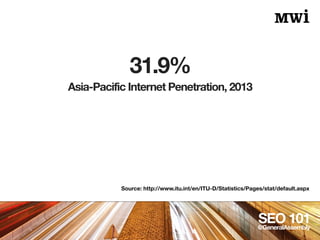 31.9%
SEO 101@GeneralAssembly
Source: http://www.itu.int/en/ITU-D/Statistics/Pages/stat/default.aspx
Asia-Pacific Internet...