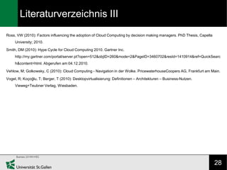 Literaturverzeichnis III
Ross, VW (2010): Factors influencing the adoption of Cloud Computing by decision making managers. PhD Thesis, Capella
     University; 2010.

Smith, DM (2010): Hype Cycle for Cloud Computing 2010. Gartner Inc.
     http://my.gartner.com/portal/server.pt?open=512&objID=260&mode=2&PageID=3460702&resId=1410914&ref=QuickSearc
     h&content=html. Abgerufen am 04.12.2010.

Vehlow, M; Golkowsky, C (2010): Cloud Computing - Navigation in der Wolke. PricewaterhouseCoopers AG, Frankfurt am Main.

Vogel, R; Koçoğlu, T; Berger, T (2010): Desktopvirtualisierung: Definitionen – Architekturen – Business-Nutzen.
     Vieweg+Teubner Verlag, Wiesbaden.




                                                                                                                        28
 