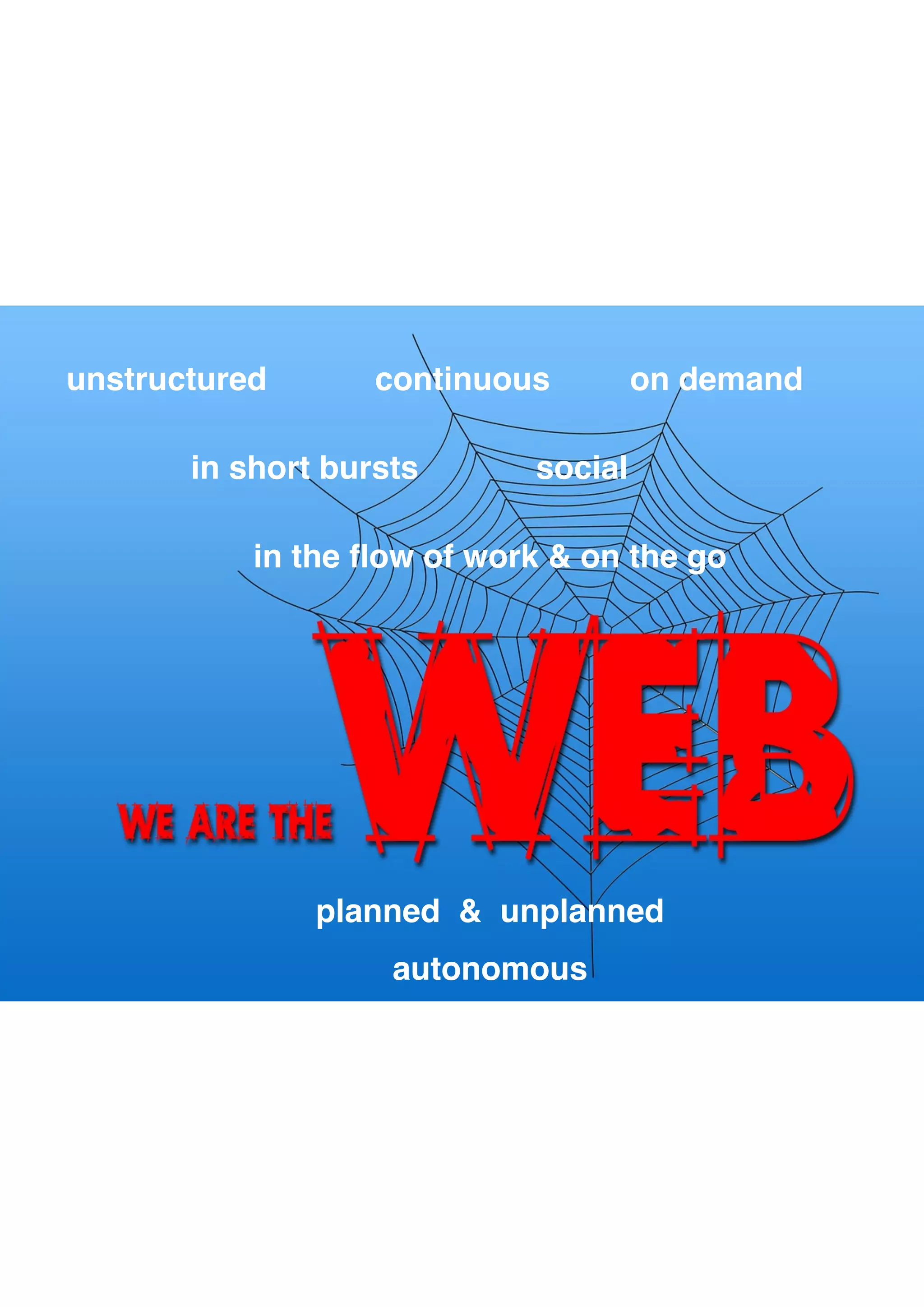 6"
unstructured continuous on demand
in short bursts social
in the ﬂow of work & on the go
planned & unplanned
autonomous
 