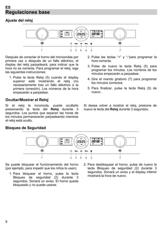 9
ES
Regulaciones base
Ajuste del reloj
1 2 73 645
Después de conectar el horno del microondas por
primera vez o después de un fallo eléctrico, el
display del reloj parpadeará, para indicar que la
hora no es correcta. Para programar el reloj, siga
las siguientes instrucciones:
1. Pulse la tecla Reloj (5) cuando el display
superior esté mostrando el reloj (no
necesariamente tras un fallo eléctrico o la
primera conexión). Los números de la hora
empezarán a parpadear.
2. Pulse las teclas “+” y “-“para programar la
hora correcta.
3. Pulse de nuevo la tecla Reloj (5) para
programar los minutos. Los números de los
minutos empezarán a parpadear.
4. Gire el mando giratorio (7) para programar
los minutos correctos.
5. Para finalizar, pulse la tecla Reloj (5) de
nuevo .
Ocultar/Mostrar el Reloj
Si el reloj le incomoda, puede ocultarlo
presionando la tecla del Reloj durante 3
segundos. Los puntos que separan las horas de
los minutos permanecerán parpadeando mientras
el reloj está oculto.
Si desea volver a mostrar el reloj, presione de
nuevo la tecla del Reloj durante 3 segundos.
Bloqueo de Seguridad
1 2 73 645
Se puede bloquear el funcionamiento del horno
(por ejemplo, para impedir que los niños lo usen).
1. Para bloquear el horno, pulse la tecla
Bloqueo de seguridad (2) durante 3
segundos. Sonará un aviso. El horno queda
bloqueado y no puede usarse.
2. Para desbloquear el horno, pulse de nuevo la
tecla Bloqueo de seguridad (2) durante 3
segundos. Sonará un aviso y el display inferior
mostrará la hora de nuevo.
 