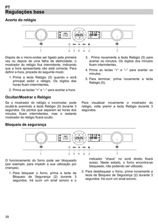 39
PT
Regulações base
Acerto do relógio
1 2 73 645
Depois de o micro-ondas ser ligado pela primeira
vez ou depois de uma falha de eletricidade, o
mostrador do relógio fica intermitente, indicando
que a hora apresentada não está correcta. Para
definir a hora, proceda do seguinte modo:
1. Prima a tecla Relógio (5) quando o ecrã
principal exibir o relógio. Os dígitos das
horas ficam intermitentes.
2. Prima as teclas “+” e “–” para acertar a hora.
3. . Prima novamente a tecla Relógio (5) para
acertar os minutos. Os dígitos dos minutos
ficam intermitentes.
4. Prima as teclas “+” e “–” para acertar os
minutos.
5. Para terminar, prima novamente a tecla
Relógio (5).
Ocultar/Mostrar o Relógio
Se o mostrador do relógio o incomodar, pode
ocultá-lo premindo a tecla Relógio (5) durante 3
segundos. Os pontos que separam as horas dos
minutos ficam intermitentes, mas o restante
mostrador do relógio ficará oculto.
Para visualizar novamente o mostrador do
relógio, volte premir a tecla Relógio durante 3
segundos.
Bloqueio de segurança
1 2 73 645
O funcionamento do forno pode ser bloqueado
(por exemplo, para impedir a sua utilização por
crianças).
1. Para bloquear o forno, prima a tecla de
Bloqueio de Segurança (2) durante 3
segundos. Irá ouvir um sinal sonoro e o
indicador “chave” no ecrã direito ficará
aceso. Neste estado, o forno encontra-se
bloqueado, não podendo ser utilizado.
2. Para desbloquear o forno, prima novamente a
tecla de Bloqueio de Segurança (2) durante 3
segundos. Irá ouvir um sinal sonoro.
 