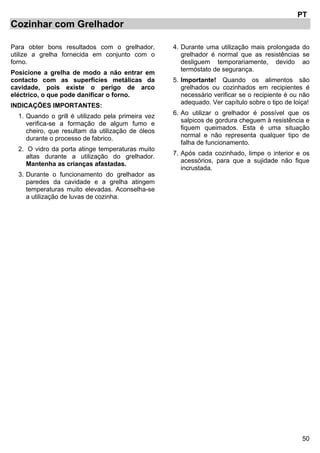 50
PT
Cozinhar com Grelhador
Para obter bons resultados com o grelhador,
utilize a grelha fornecida em conjunto com o
forno.
Posicione a grelha de modo a não entrar em
contacto com as superfícies metálicas da
cavidade, pois existe o perigo de arco
eléctrico, o que pode danificar o forno.
INDICAÇÕES IMPORTANTES:
1. Quando o grill é utilizado pela primeira vez
verifica-se a formação de algum fumo e
cheiro, que resultam da utilização de óleos
durante o processo de fabrico.
2. O vidro da porta atinge temperaturas muito
altas durante a utilização do grelhador.
Mantenha as crianças afastadas.
3. Durante o funcionamento do grelhador as
paredes da cavidade e a grelha atingem
temperaturas muito elevadas. Aconselha-se
a utilização de luvas de cozinha.
4. Durante uma utilização mais prolongada do
grelhador é normal que as resistências se
desliguem temporariamente, devido ao
termóstato de segurança.
5. Importante! Quando os alimentos são
grelhados ou cozinhados em recipientes é
necessário verificar se o recipiente é ou não
adequado. Ver capítulo sobre o tipo de loiça!
6. Ao utilizar o grelhador é possível que os
salpicos de gordura cheguem à resistência e
fiquem queimados. Esta é uma situação
normal e não representa qualquer tipo de
falha de funcionamento.
7. Após cada cozinhado, limpe o interior e os
acessórios, para que a sujidade não fique
incrustada.
 