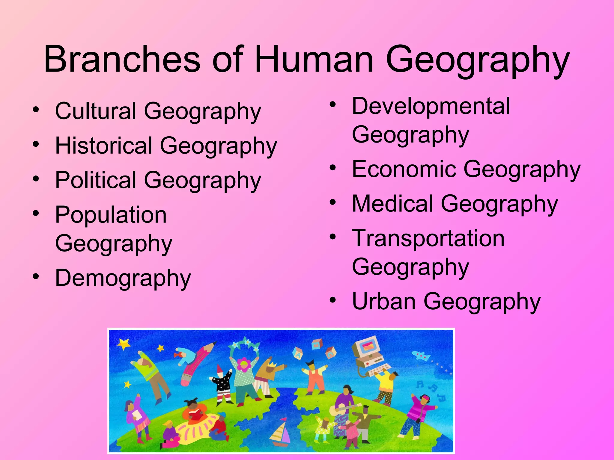 Branches of Human Geography
• Developmental
Geography
• Economic Geography
• Medical Geography
• Transportation
Geography
• Urban Geography
• Cultural Geography
• Historical Geography
• Political Geography
• Population
Geography
• Demography
 