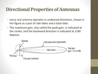 Directional Properties of Antennas
• every real antenna operates in undesired directions, shown in
the figure as a pair of side lobes and a back lobe.
• The maximum gain, also called the peak gain, is indicated at
the center, and the backward direction is indicated at ±180
degrees.
 