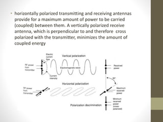 • horizontally polarized transmitting and receiving antennas
provide for a maximum amount of power to be carried
(coupled) between them. A vertically polarized receive
antenna, which is perpendicular to and therefore cross
polarized with the transmitter, minimizes the amount of
coupled energy
 
