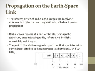 Propagation on the Earth-Space
Link
• The process by which radio signals reach the receiving
antenna from the transmitting station is called radio wave
propagation.
• Radio waves represent a part of the electromagnetic
spectrum, encompassing radio, infrared, visible light,
ultraviolet, and X rays .
• The part of the electromagnetic spectrum that is of interest in
commercial satellite communications lies between 1 and 60
GHz,
 