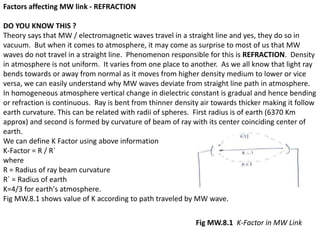 Factors affecting MW link - REFRACTION
DO YOU KNOW THIS ?
Theory says that MW / electromagnetic waves travel in a straight line and yes, they do so in
vacuum. But when it comes to atmosphere, it may come as surprise to most of us that MW
waves do not travel in a straight line. Phenomenon responsible for this is REFRACTION. Density
in atmosphere is not uniform. It varies from one place to another. As we all know that light ray
bends towards or away from normal as it moves from higher density medium to lower or vice
versa, we can easily understand why MW waves deviate from straight line path in atmosphere.
In homogeneous atmosphere vertical change in dielectric constant is gradual and hence bending
or refraction is continuous. Ray is bent from thinner density air towards thicker making it follow
earth curvature. This can be related with radii of spheres. First radius is of earth (6370 Km
approx) and second is formed by curvature of beam of ray with its center coinciding center of
earth.
We can define K Factor using above information
K-Factor = R / R`
where
R = Radius of ray beam curvature
R` = Radius of earth
K=4/3 for earth's atmosphere.
Fig MW.8.1 shows value of K according to path traveled by MW wave.
Fig MW.8.1 K-Factor in MW Link
 