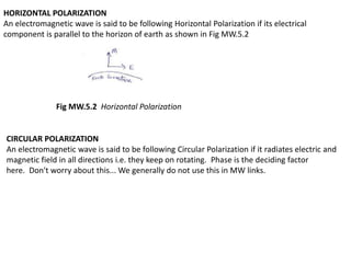 HORIZONTAL POLARIZATION
An electromagnetic wave is said to be following Horizontal Polarization if its electrical
component is parallel to the horizon of earth as shown in Fig MW.5.2
Fig MW.5.2 Horizontal Polarization
CIRCULAR POLARIZATION
An electromagnetic wave is said to be following Circular Polarization if it radiates electric and
magnetic field in all directions i.e. they keep on rotating. Phase is the deciding factor
here. Don't worry about this... We generally do not use this in MW links.
 