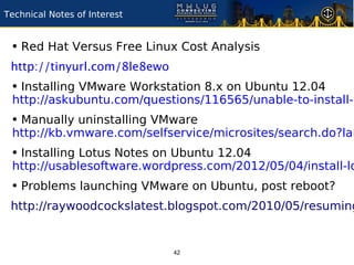 Technical Notes of Interest


 • Red Hat Versus Free Linux Cost Analysis
 http://tinyurl.com/8le8ewo
 • Installing VMware Workstation 8.x on Ubuntu 12.04
 http://askubuntu.com/questions/116565/unable-to-install-v
 • Manually uninstalling VMware
 http://kb.vmware.com/selfservice/microsites/search.do?lan
 • Installing Lotus Notes on Ubuntu 12.04
 http://usablesoftware.wordpress.com/2012/05/04/install-lo
 • Problems launching VMware on Ubuntu, post reboot?
 http://raywoodcockslatest.blogspot.com/2010/05/resuming


                              42
 