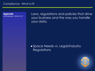 Compliance:  What is it? Laws, regulations and policies that drive your business and the way you handle your data.  Space Needs vs. Legal/Industry Regulations Corporate Governance Federal Regulations Legal Restrictions Agenda Compliance: What is it? 