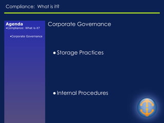 Compliance:  What is it? Corporate Governance  Storage Practices Internal Procedures Agenda Compliance: What is it? Corporate Governance 